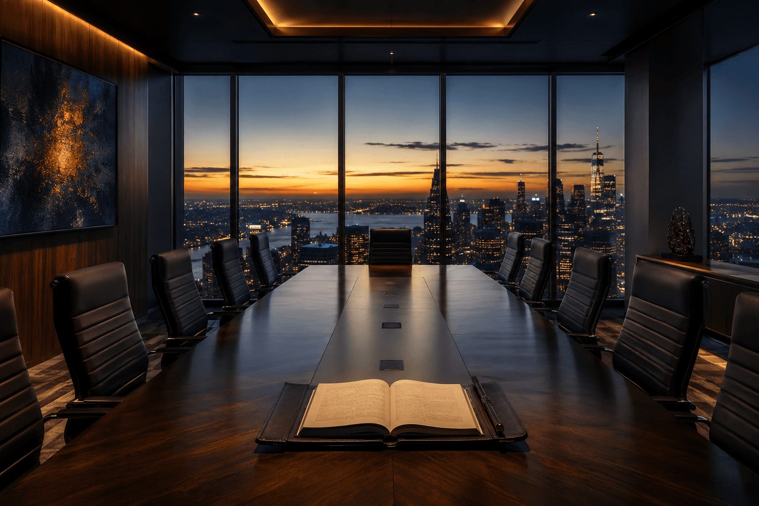 A boardroom at dusk with a city skyline beyond floor-to-ceiling glass