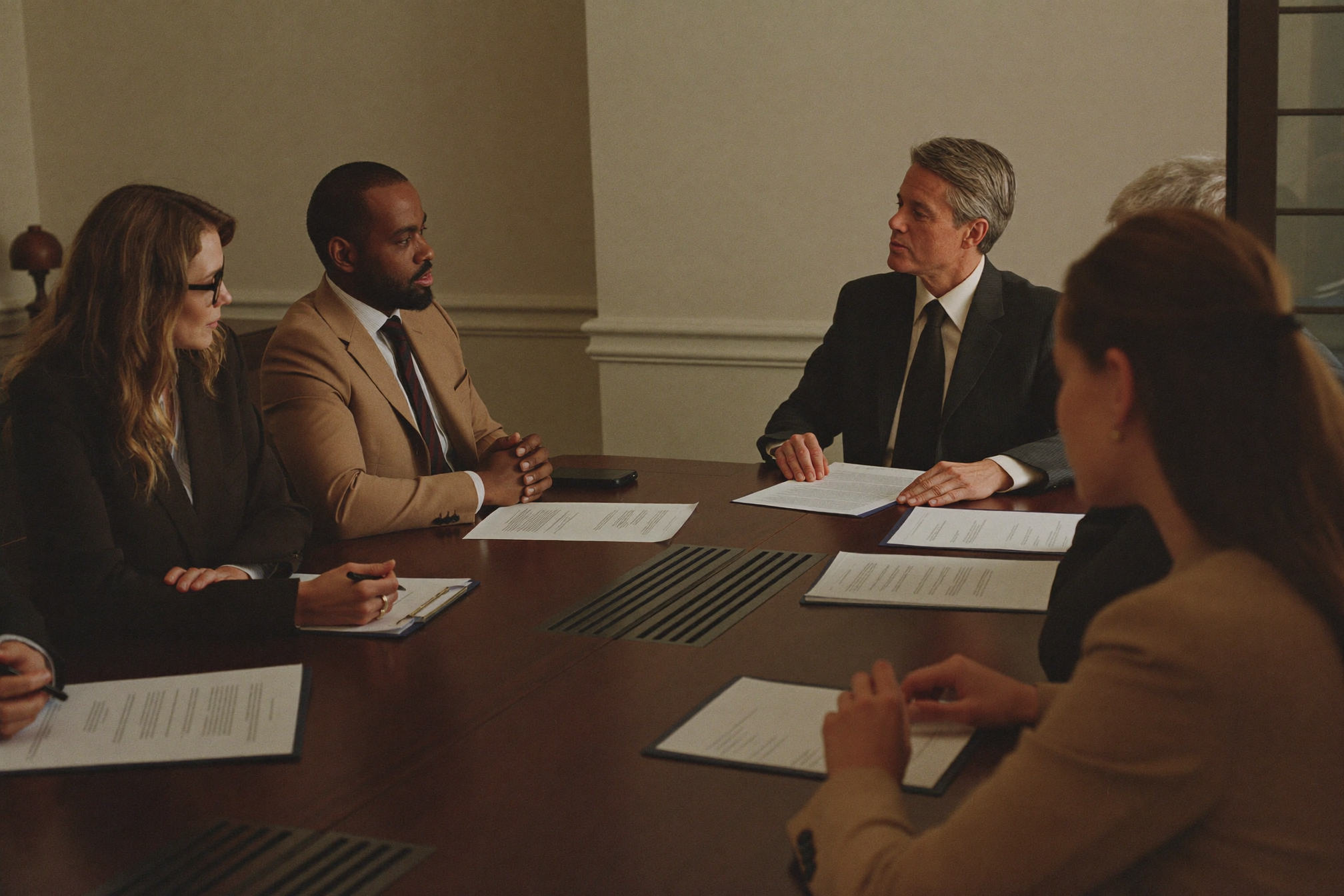 A family governance meeting around a boardroom table with a family charter